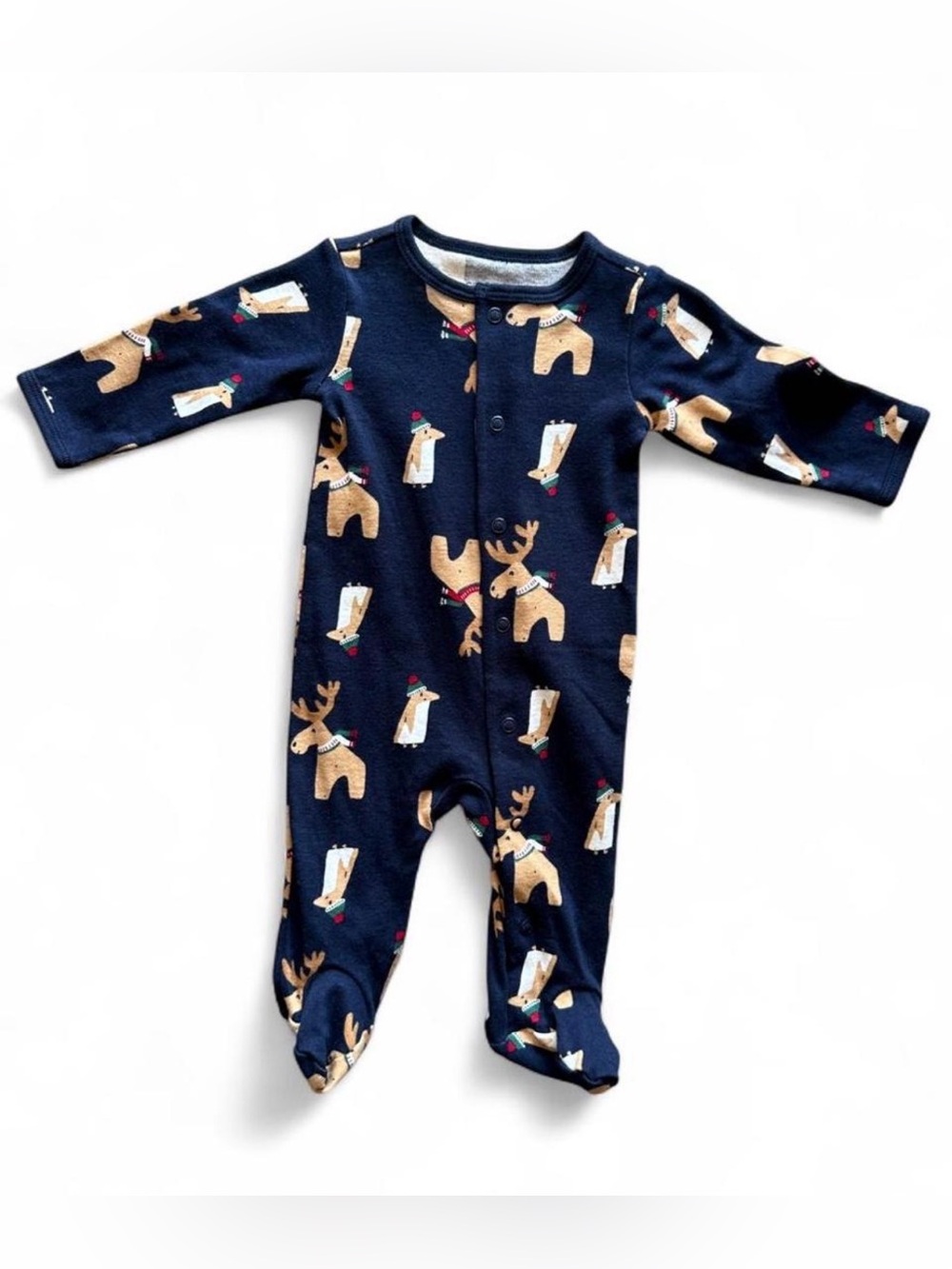Carter's Navy Footed One-Piece with Reindeer & Polar Bear Pattern
